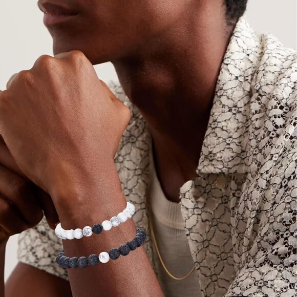 ⚡Rankeef Men 2 White Black Tiger Eye 8MM Natural Stone Crystal Beaded Bracelet - Picture 5 of 8